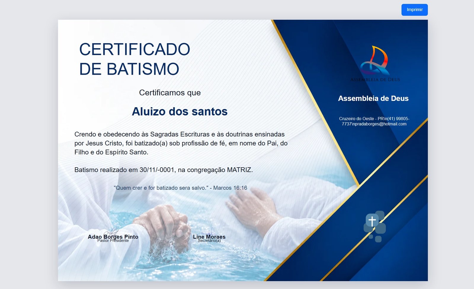 Modelo de certificado de batismo emitido pelo sistema